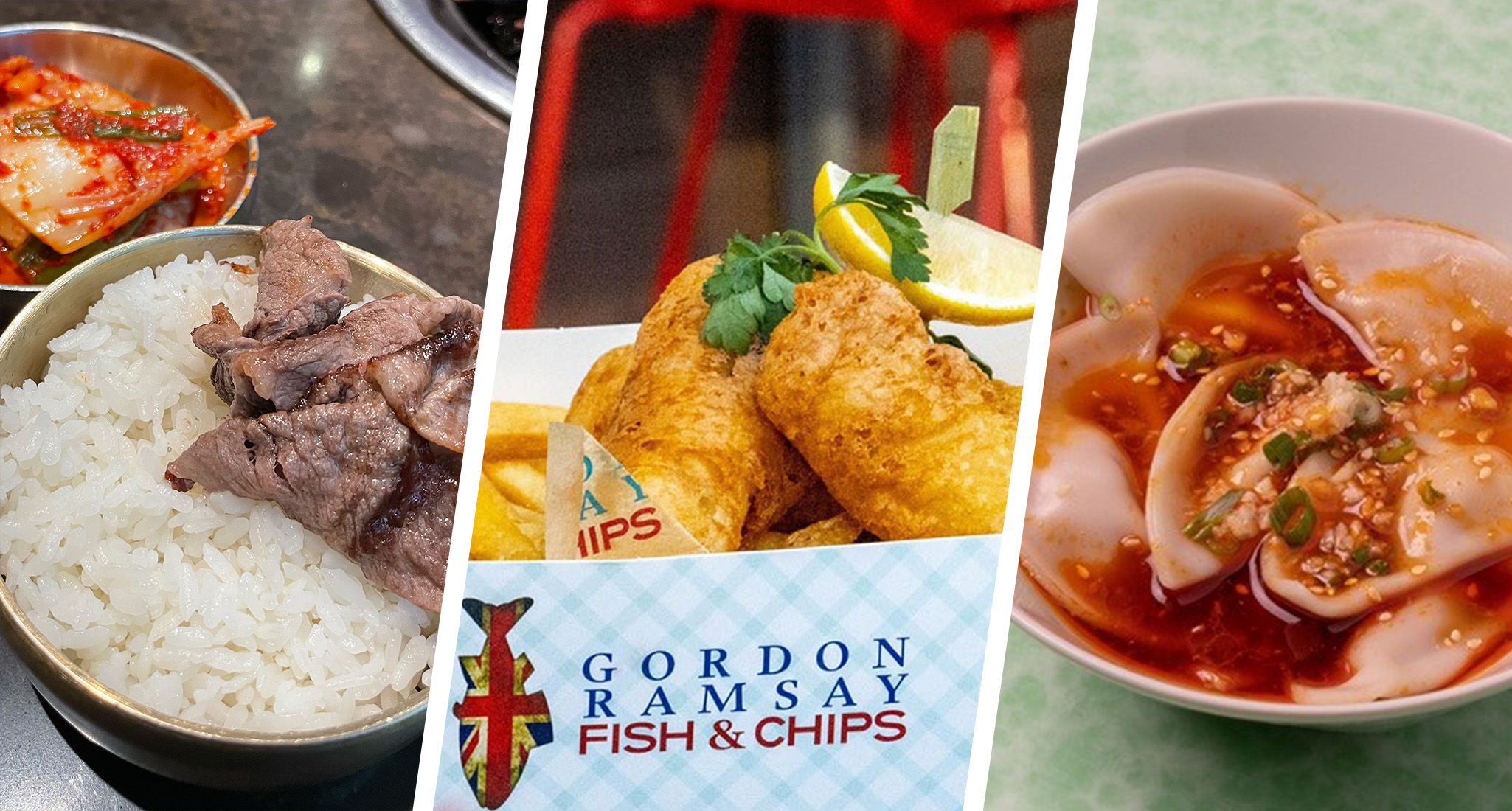 times square restaurants: rice, meat and kimchi from antoya bbq; fish and chips from gordon ramsay's fish and chips, wontons in chili oil from cafe china