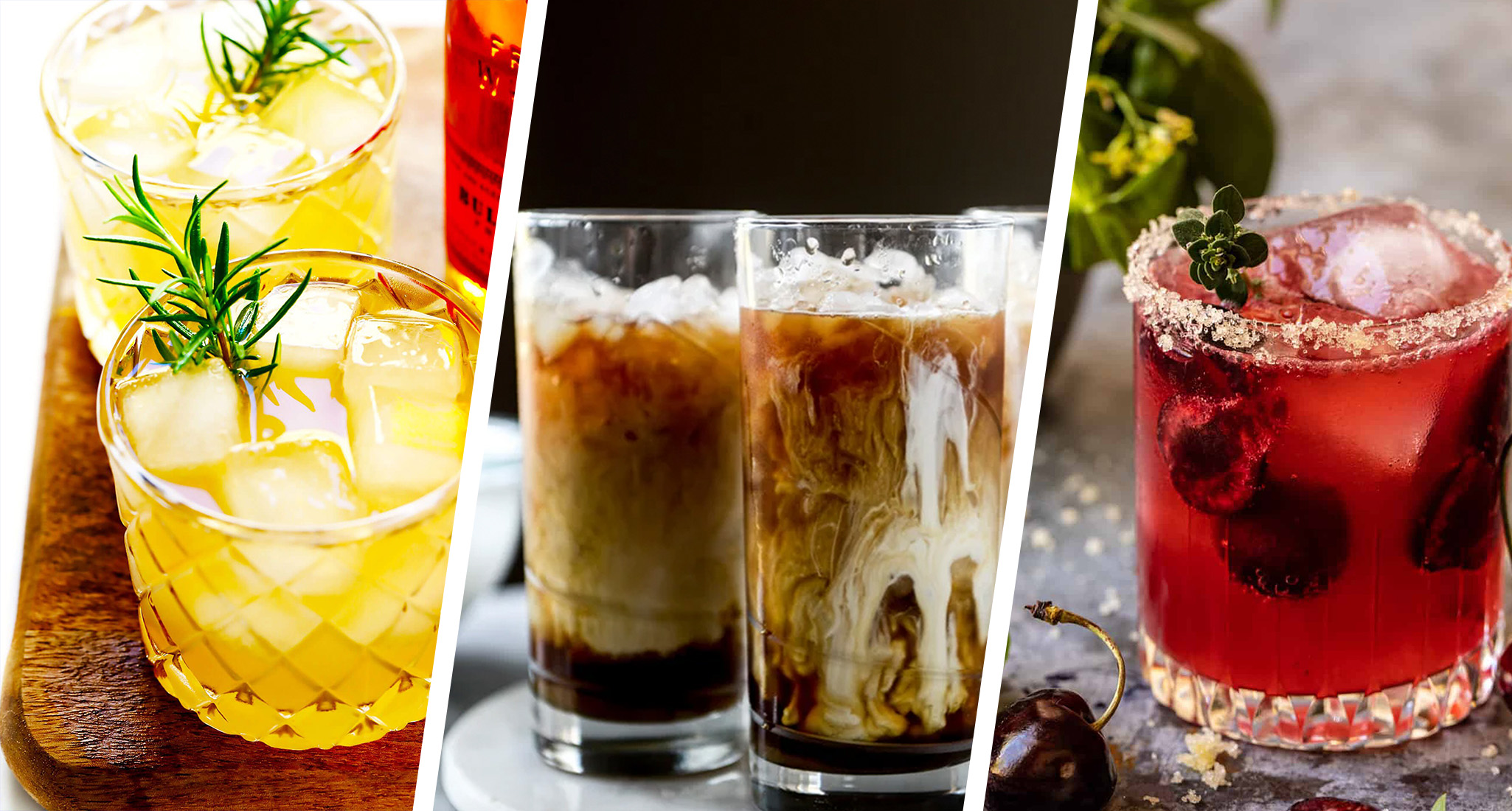 father's day cocktails: whiskey lemonade, boozy iced coffee and garden bourbon smash side by side