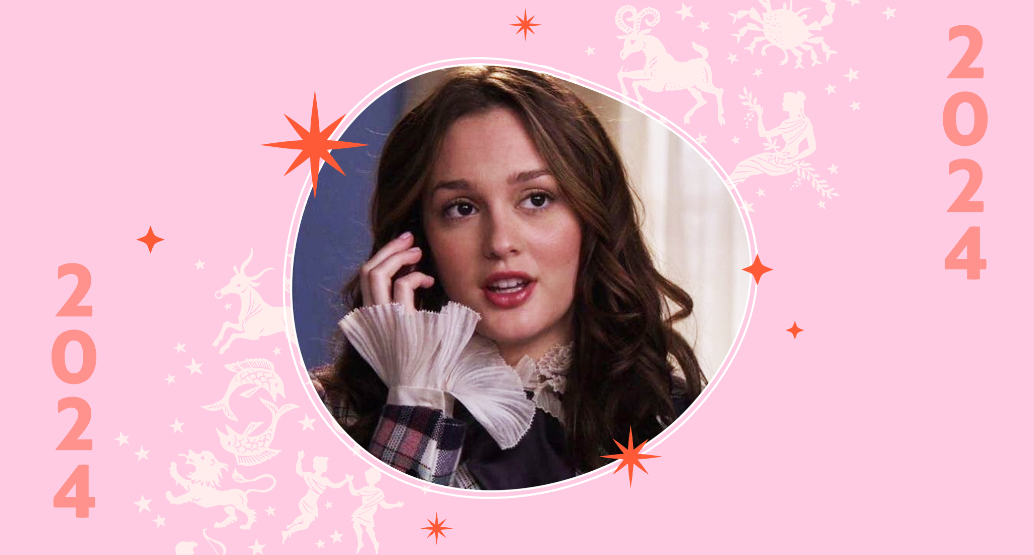 Blair Waldorf framed by horoscope zodiac designs for Dec 15 2024 weekly horoscopes