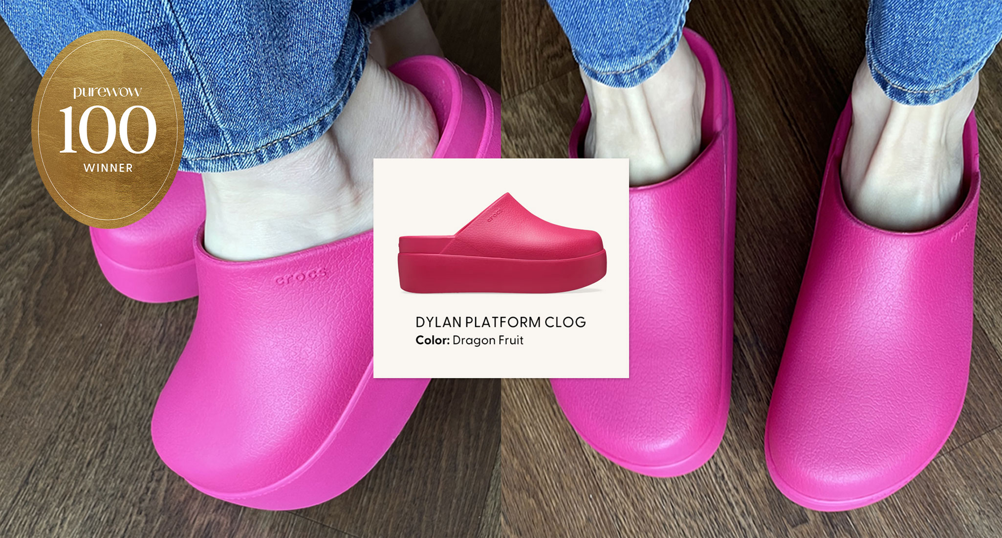 Crocs Dylan Platform Clogs Review: Pink platform clogs on editor Stephanie Maida's feet with gold PureWow 100 badge