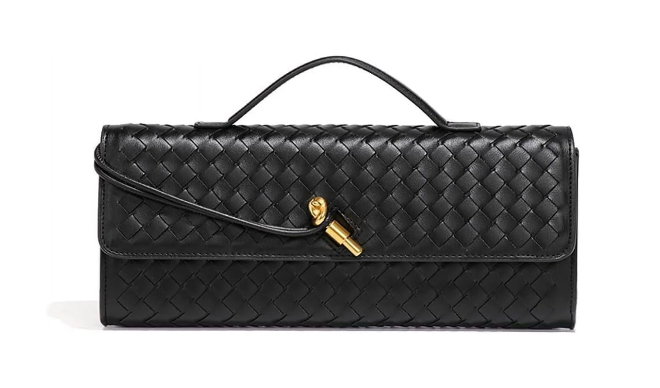 walmart-spring-fashion: A black woven clutch.