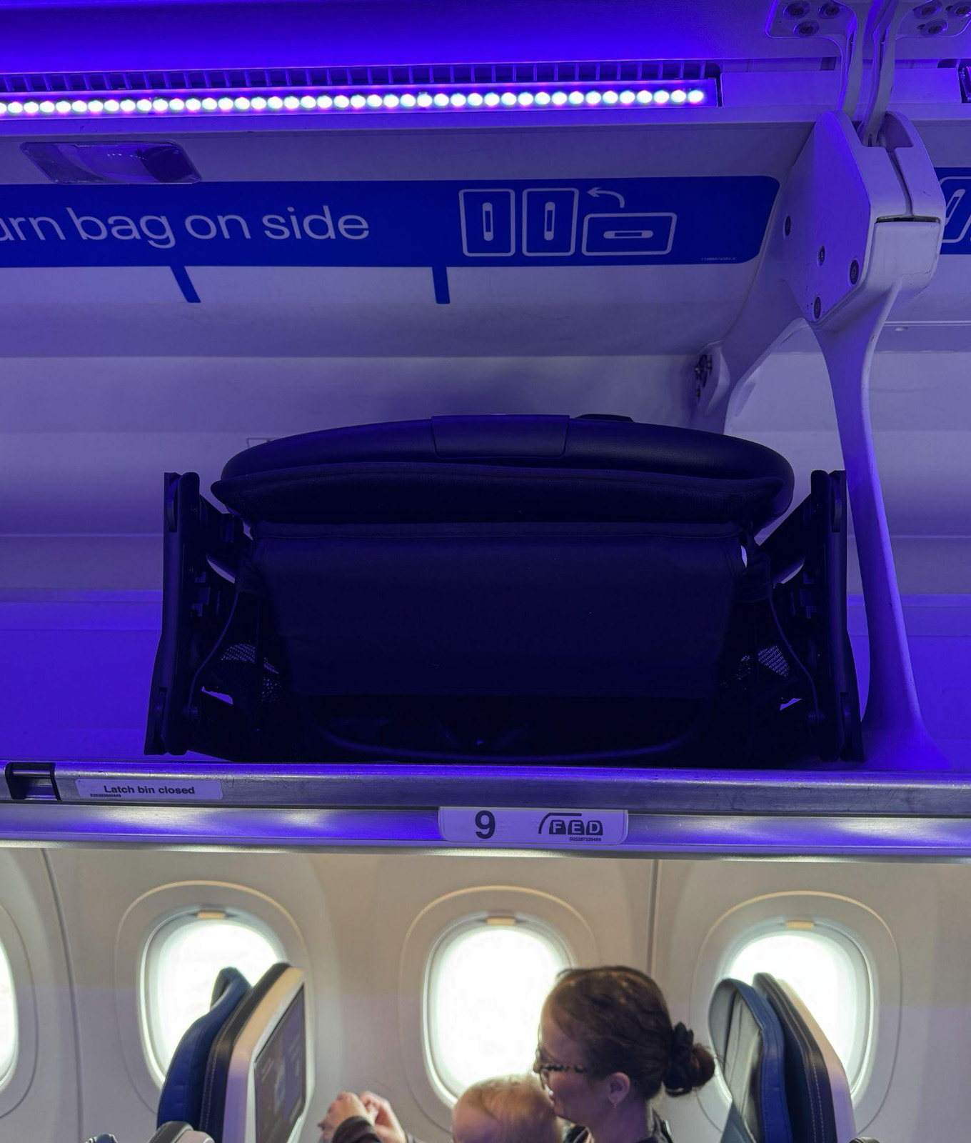 Original photo by Micah Siva of the Bugaboo Butterfly travel strolled in the overhead bin compartment.