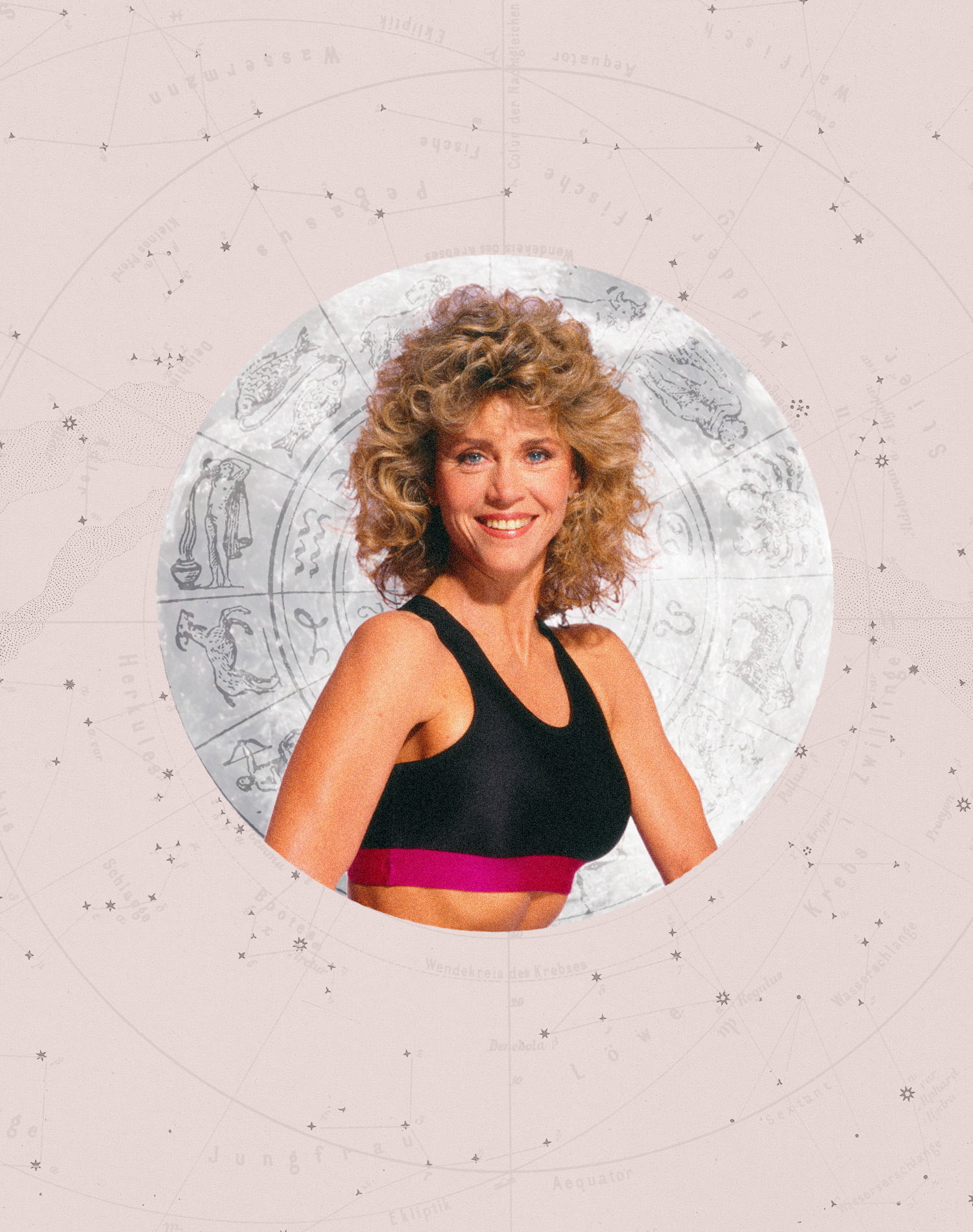 An astrology-themed frame with an '80s-era Jane Fonda. This week's this: get out of your head and into your body.